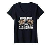 Femme Tuez-Les avec gentillesse et Sarcastic Leopard Aviators T-Shirt avec Col en V