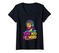 Femme Tune Into His Word Jésus Funny Pun Christian Faith T-Shirt avec Col en V