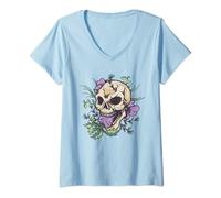 Femme Turnip Tête de Mort Floral Fleurs Cranium T-Shirt avec Col en V