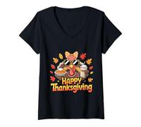 Femme Turquie Boire de la Glace Café Thanksgiving Bow Femmes Turquie Day T-Shirt avec Col en V