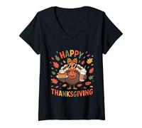 Femme Turquie Boire de la Glace Café Thanksgiving Bow Femmes Turquie Day T-Shirt avec Col en V