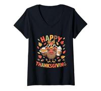Femme Turquie Boire de la Glace Café Thanksgiving Bow Femmes Turquie Day T-Shirt avec Col en V