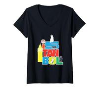 Femme Turquie Istanbul City of Cats Lettrage coloré Tour de Galata T-Shirt avec Col en V