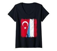 Femme Turquie Luxembourg Demi Drapeau Turc Luxembourgeois Jersey T-Shirt avec Col en V