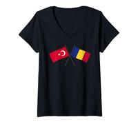 Femme Turquie Roumanie Drapeaux Croisés Turc Roumain Amitié T-Shirt avec Col en V