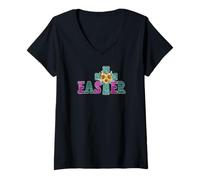 Femme Turquoise Leopard Easter Cross for Christian Sunflower Mom T-Shirt avec Col en V