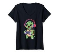 Femme Turtle Playing Video Game Reptiles Testudines Gamers T-Shirt avec Col en V