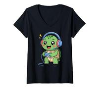 Femme Turtle Playing Video Game Reptiles Testudines Gamers T-Shirt avec Col en V