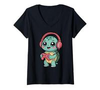 Femme Turtle Playing Video Game Reptiles Testudines Gamers T-Shirt avec Col en V