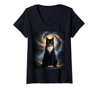 Femme Tuxedo Chat Nuit étoilée Peinture Van Gogh Chat Noir T-Shirt avec Col en V