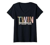 Femme Twin Mama Leopard New Mom of Twins Squared Mommy Mother's Day T-Shirt avec Col en V