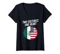 Femme Two Cultures One Heart Drapeau USA Mexique Unity Art Femmes Hommes T-Shirt avec Col en V