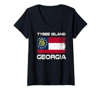 Femme Tybee Island Drapeau de Géorgie Vieilli T-Shirt avec Col en V