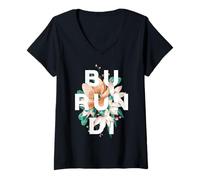 Femme Typographie Florale du Burundi Pride Heritage Design T-Shirt avec Col en V