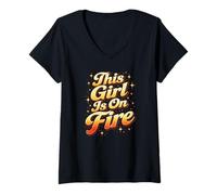 Femme Typographie Graphique rétro « This Girl is on Fire » T-Shirt avec Col en V