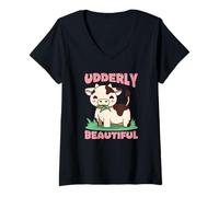 Femme Udderly Beautiful Kawaii Jeu de Mots en Forme de Vache T-Shirt avec Col en V