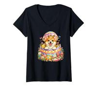 Femme Œuf de Pâques éclosé Corgi Gallois | Adorable Chiot Surprise T-Shirt avec Col en V