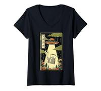 Femme UFO Bouilloire à thé Vintage Japonais avec enlèvement Extraterrestre T-Shirt avec Col en V