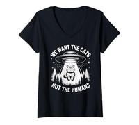 Femme UFO Cat Alien Humour We Want The Cats Not The Humans T-Shirt avec Col en V
