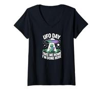 Femme UFO Day Alien Humour Take Me Home I'm Done Here Design T-Shirt avec Col en V