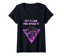 Femme UFO Fly It Like You Stole It Retro Alien T-Shirt avec Col en V
