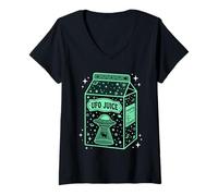 Femme UFO Juice Retro Cat Abduction Alien Space Milk Cosmos T-Shirt avec Col en V