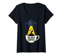 Femme UFO Vintage Coffee Alien Lovers T-Shirt avec Col en V