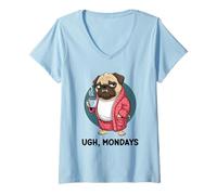 Femme Ugh Mondays Funny Pug Dog Coffee Lovers Employees Students T-Shirt avec Col en V