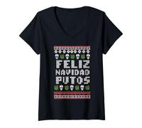 Femme Ugly Christmas Feliz Navidad P Funny Mexican Xmas pour Hommes et Femmes T-Shirt avec Col en V
