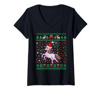 Femme Ugly Christmas Unicorn Santa Hat Funny Xmas Family T-Shirt avec Col en V
