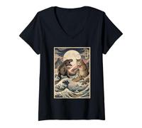 Femme Ukiyo-e Cat vs T-Rex Art Japonais Bataille Grande Vague T-Shirt avec Col en V