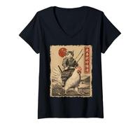 Femme Ukiyo-e Chat Amusant en Forme de Poulet Japonais T-Shirt avec Col en V