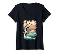 Femme Ukiyo E Scène Hivernale Zen Snowfall at The Zen Pavilion T-Shirt avec Col en V