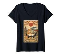 Femme Ukiyo-e Ukiyo-e de Lutte pour Chat drôle Sumo Art Vintage T-Shirt avec Col en V