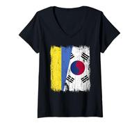 Femme Ukraine Corée du Sud Demi Drapeau Ukrainien Corée du Sud Jersey T-Shirt avec Col en V