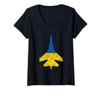 Femme Ukraine Su-27 Flanker Jet Fighter Avion Drapeau T-Shirt avec Col en V
