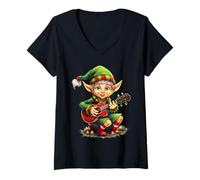 Femme Ukulélé Elfe de Noël pour fête de Noël T-Shirt avec Col en V