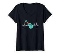 Femme Ukulélé et musicien hawaïen - Battement de cœur T-Shirt avec Col en V