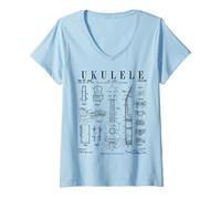Femme Ukulélé Instrument de Musique Vintage Brevet Dessin imprimé T-Shirt avec Col en V
