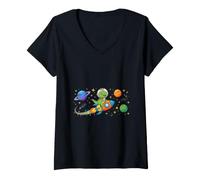 Femme Un Adorable bébé T-Rex Souriant et Amical Vole dans l'espace T-Shirt avec Col en V