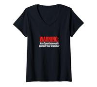 Femme Un Avertissement Peut corriger spontanément Votre Grammaire (drôle de Professeur) T-Shirt avec Col en V