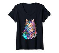 Femme Un Beau Chat aux Couleurs Aquarelle Les Chats colorés T-Shirt avec Col en V