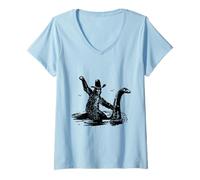 Femme Un Bigfoot Sasquatch chevauchant le monstre du Loch Ness est amusant T-Shirt avec Col en V