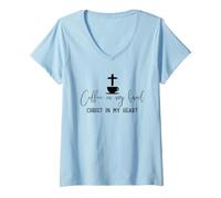 Femme Un café dans ma Main, Le Christ dans Mon cœur, Motif de Foi T-Shirt avec Col en V