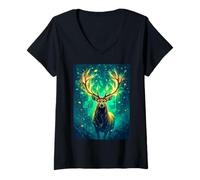 Femme Un cerf Serein se Tient sous Une lumière dorée et éclatante T-Shirt avec Col en V