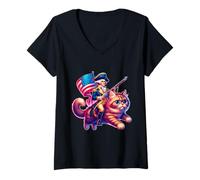 Femme Un Chat à Cheval drôle et Patriotique de George Washington du 4 Juillet T-Shirt avec Col en V