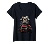 Femme Un Chat Japonais Courageux stylisé en Guerrier samouraï. T-Shirt avec Col en V