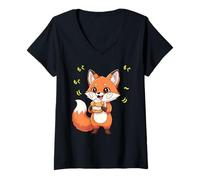 Femme Un Chien de forêt de Renard Roux Kawaii grignote joyeusement T-Shirt avec Col en V