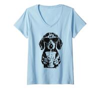 Femme Un Chien Teckel drôle Boit du Café Glacé au Soleil d'été T-Shirt avec Col en V