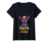 Femme Un Chihuahua drôle se promène par la Foi et Non par Les puces Christian Pun T-Shirt avec Col en V
